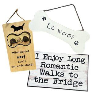 Set of Three Funny Dog Signs Wooden Le Woof Photo Romantic Walks To Fridge Puppy